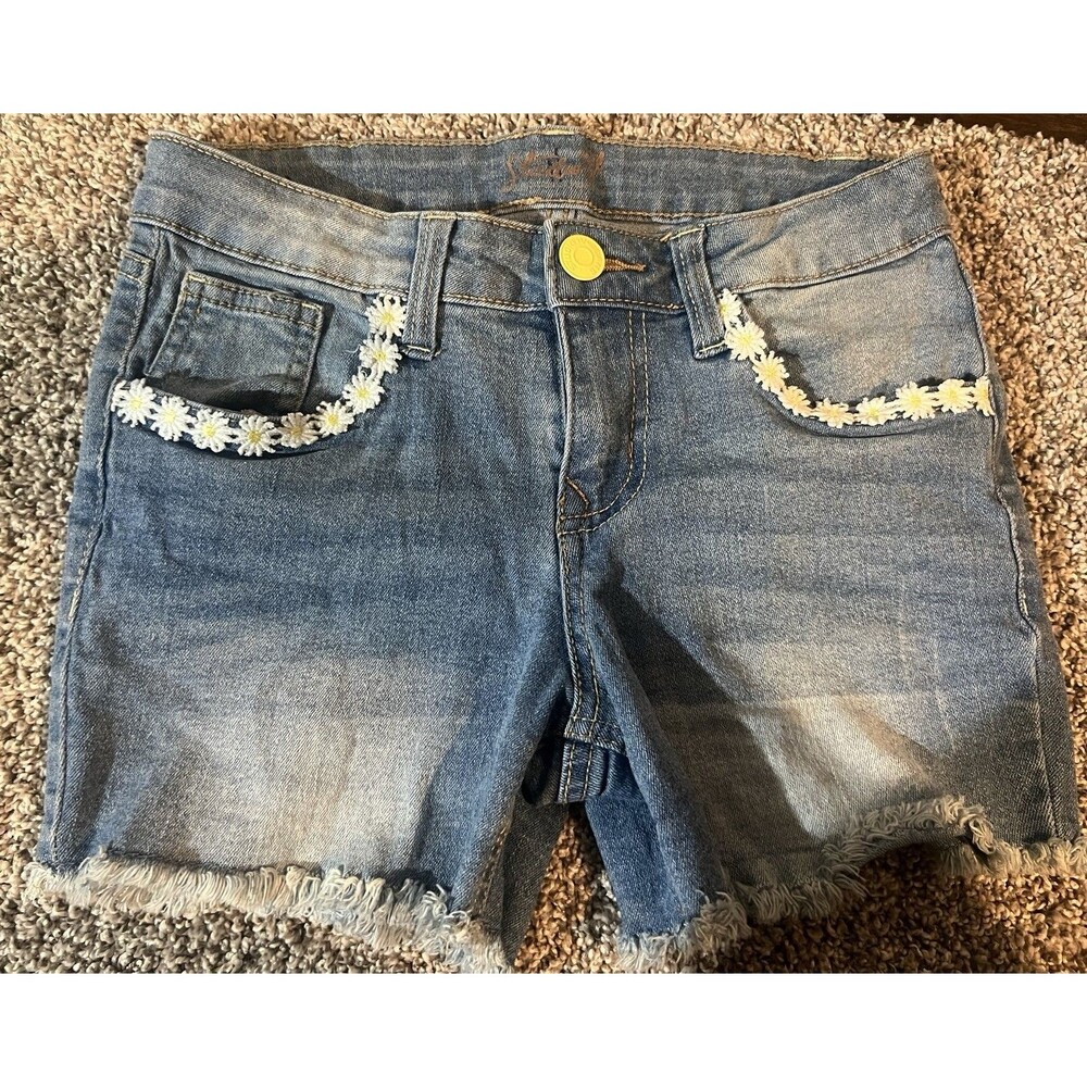 Studio V/Vigoss Denim Blue Shorts Yellow White Flowers Frayed Hem Girls 10